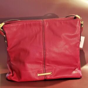 NWT Anne Klein Red Kickstart Double Strap Tote Bag Faux Pebbled Leather